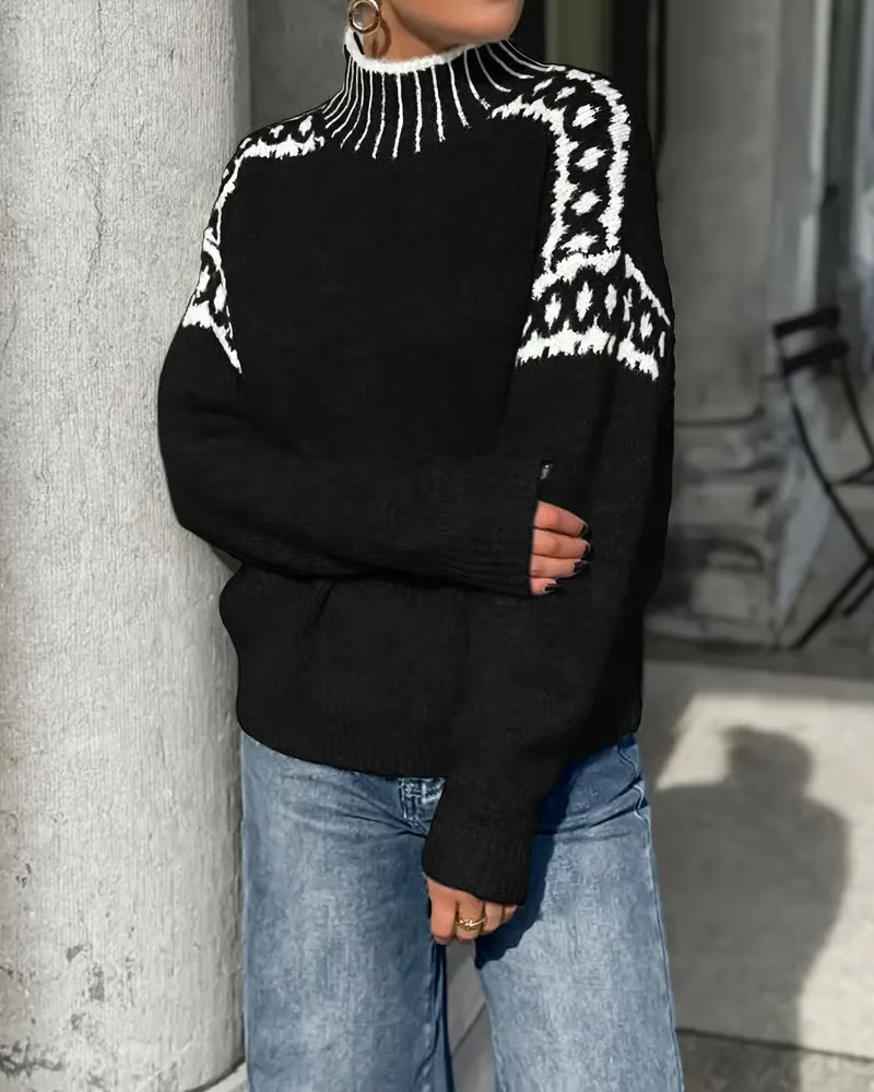 High Neck Contrast Patterned Sweater