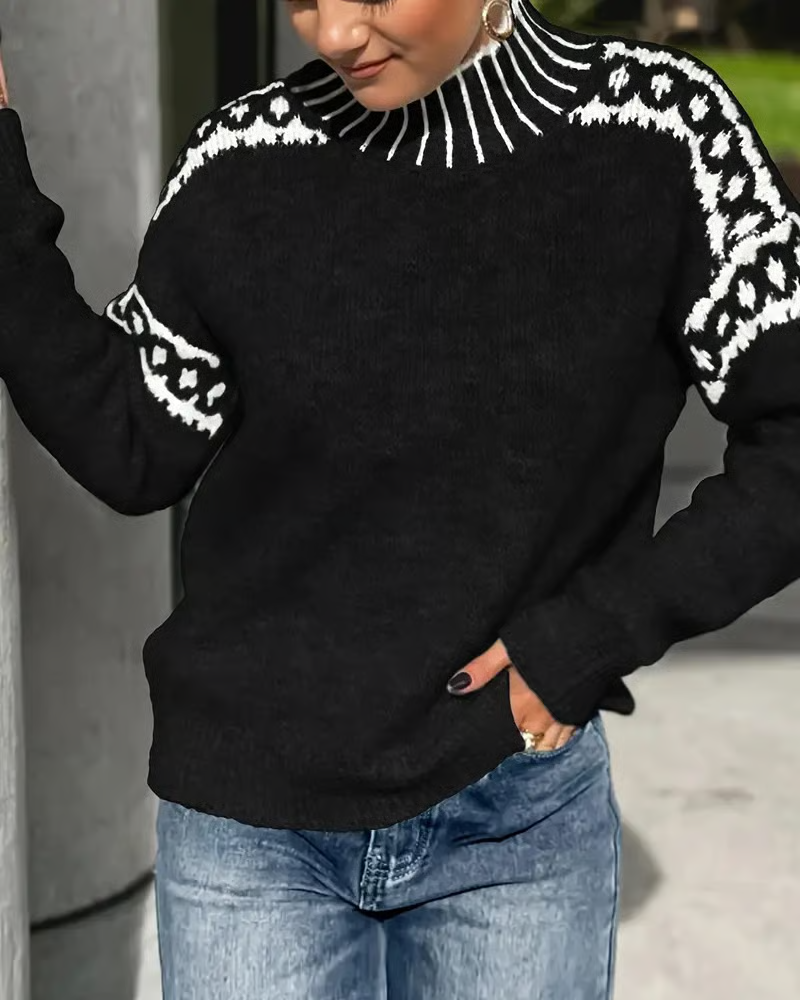 High Neck Contrast Patterned Sweater