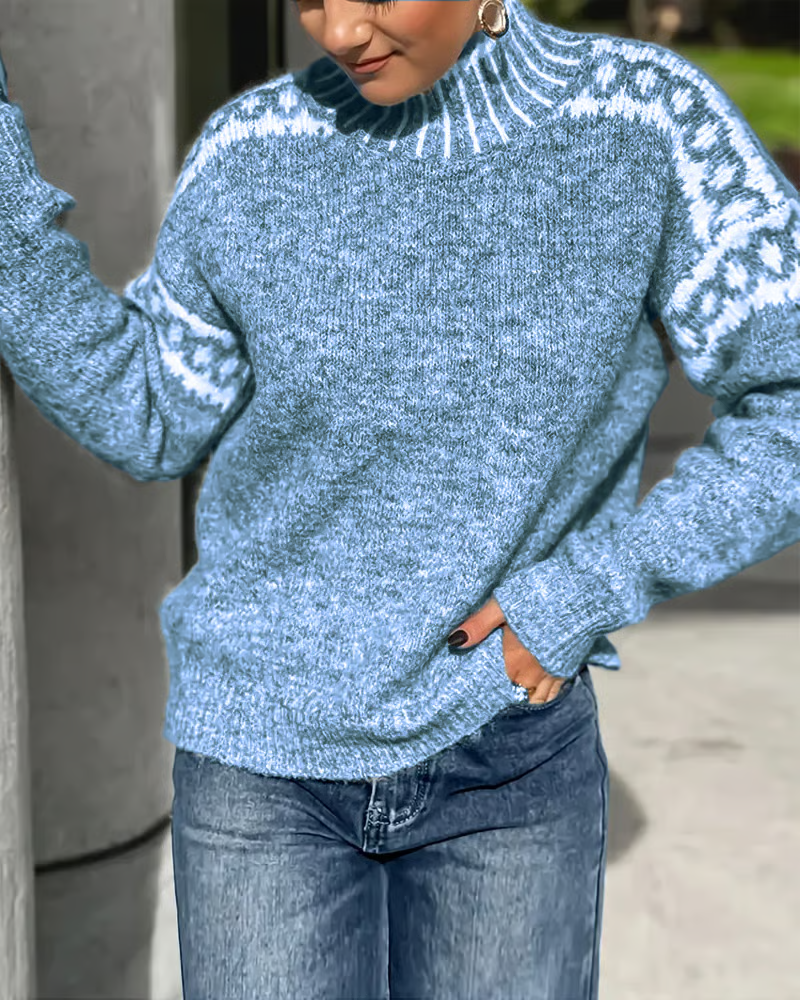 High Neck Contrast Patterned Sweater