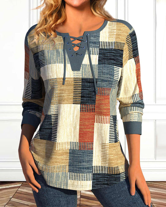 LaceMosaic™ | Geometric printed top with lacing