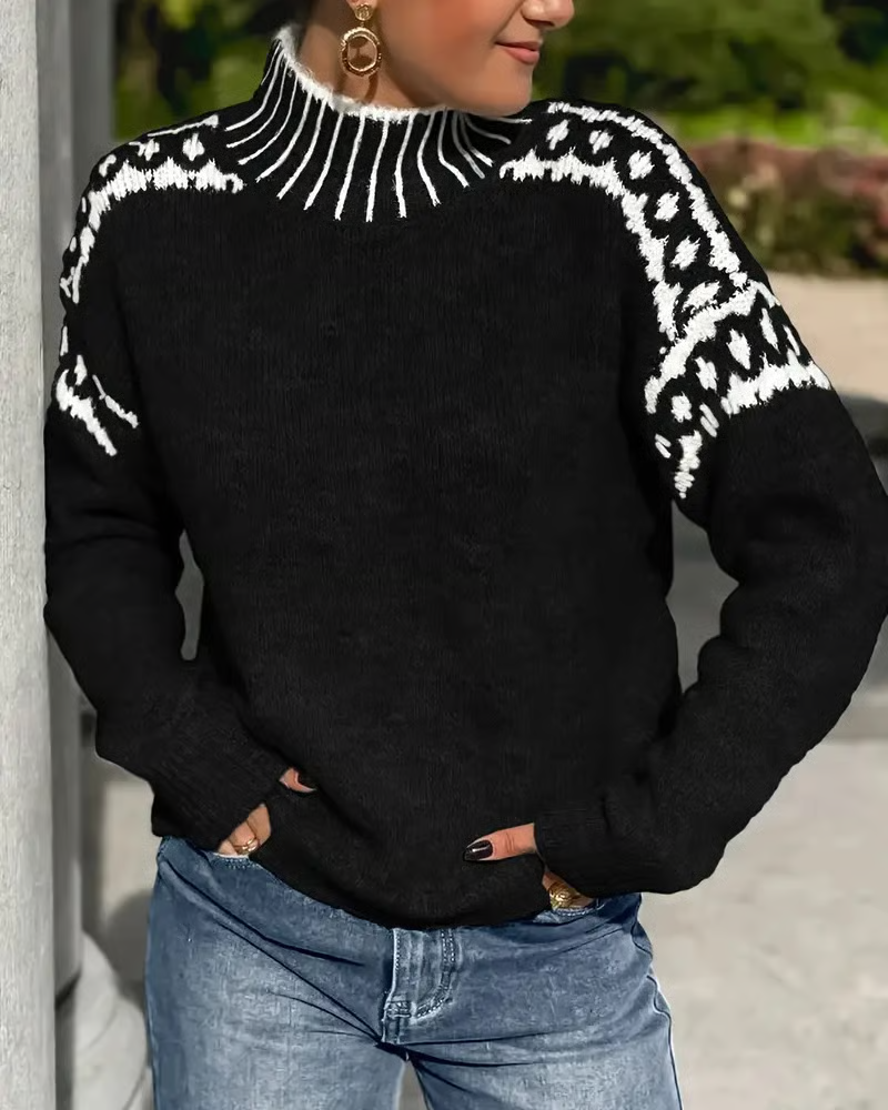 High Neck Contrast Patterned Sweater