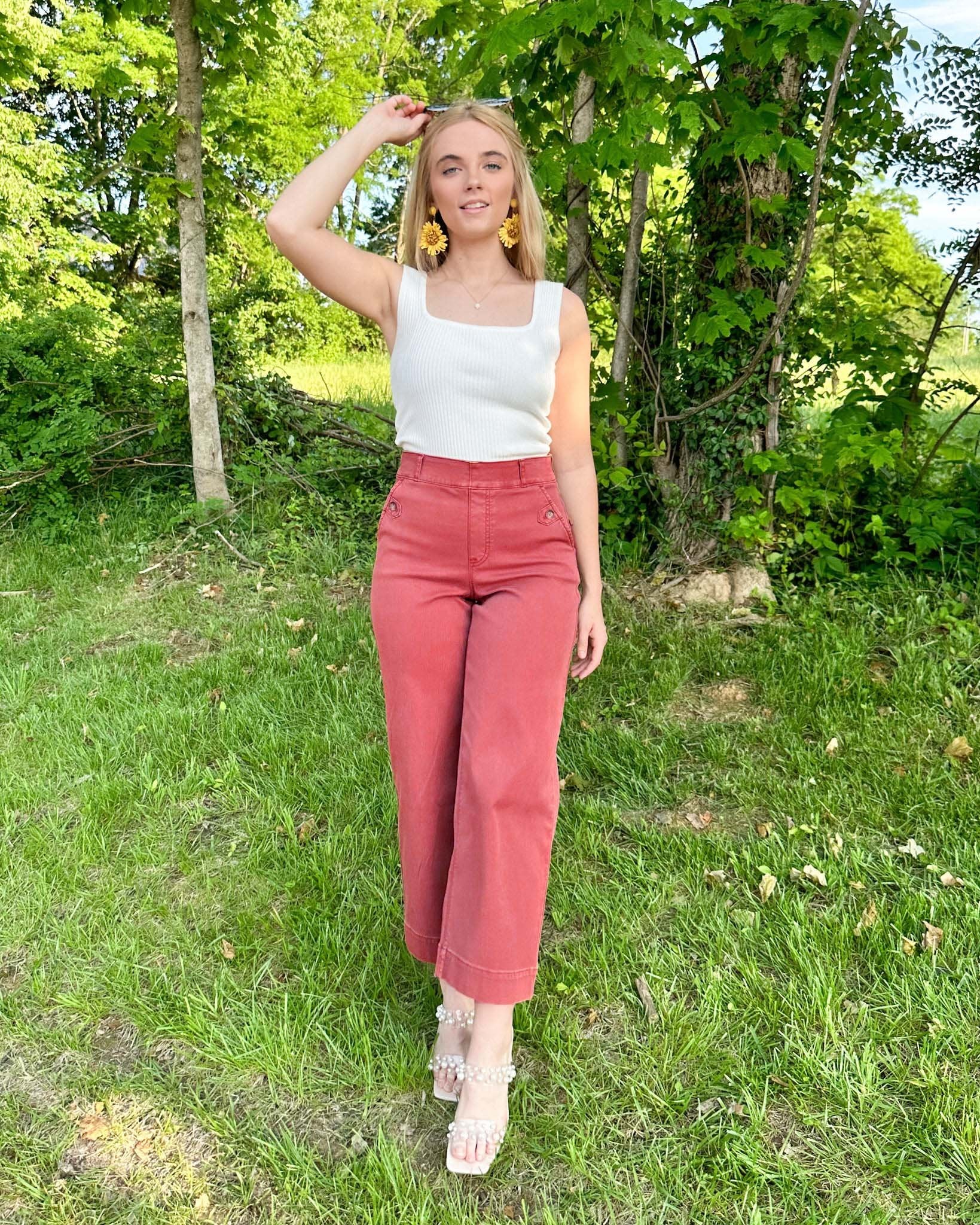 Tummy Control Twill Cropped Wide Leg Pants