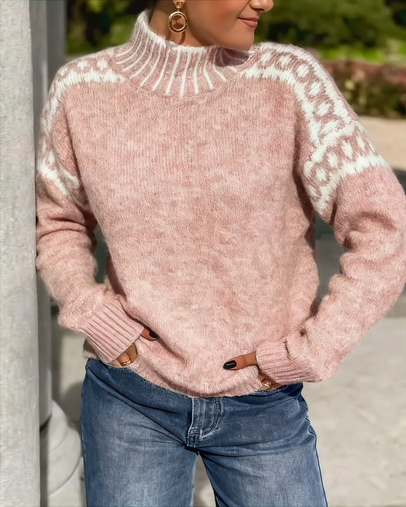 High Neck Contrast Patterned Sweater