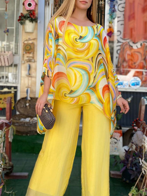 New Colorful Chiffon Set Casual Round Neck Print