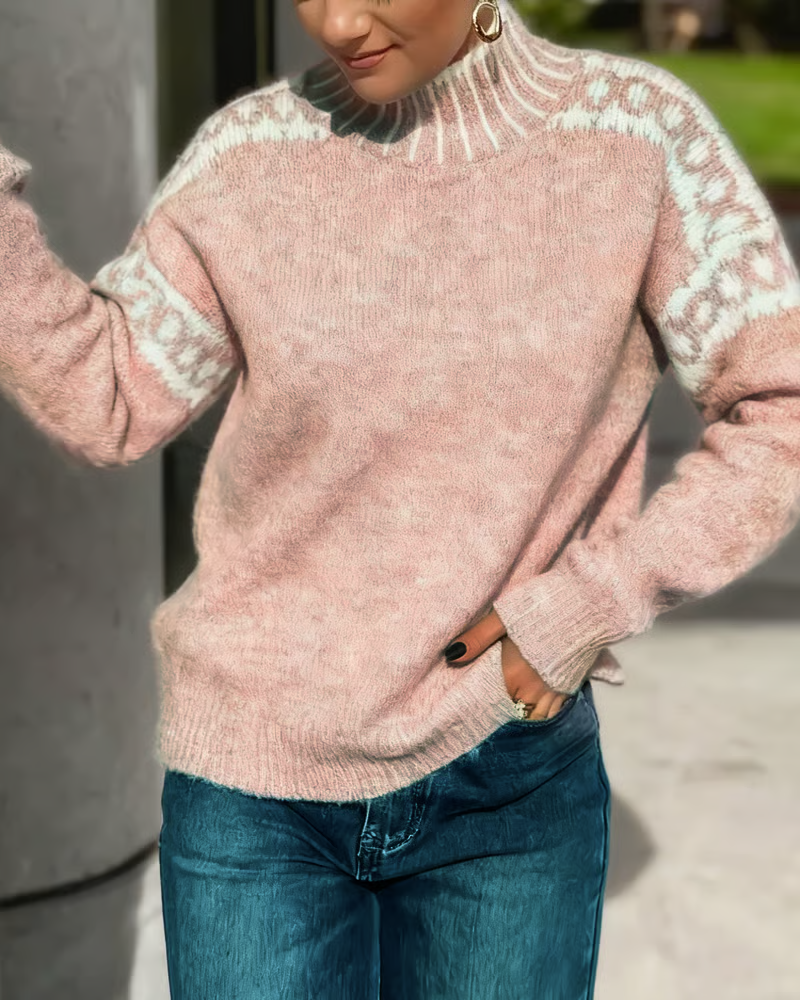 High Neck Contrast Patterned Sweater
