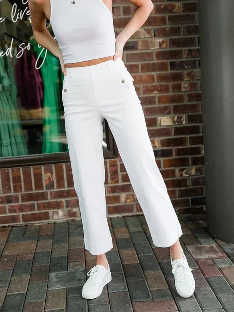 Tummy Control Twill Cropped Wide Leg Pants