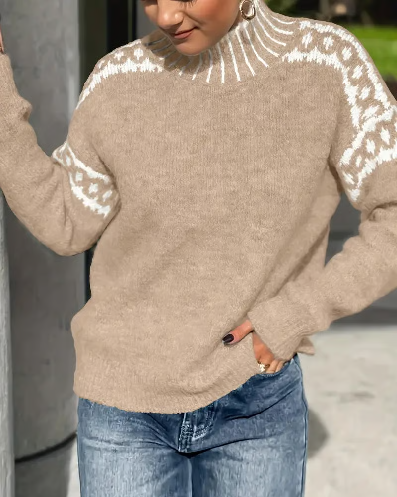 High Neck Contrast Patterned Sweater