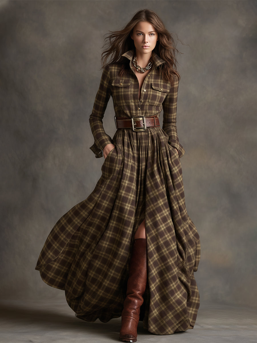 Retro Ethnic Style Lapel Reddish Brown Plaid Maxi Dress