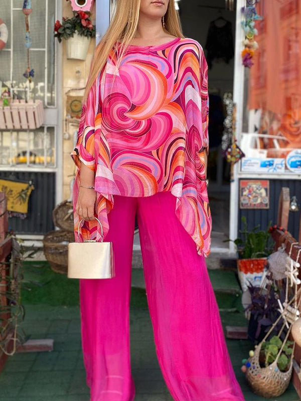 New Colorful Chiffon Set Casual Round Neck Print