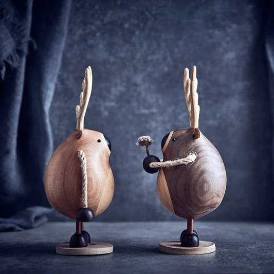 Couple Deer Figurines Wooden Hand Carved Wedding Gifts