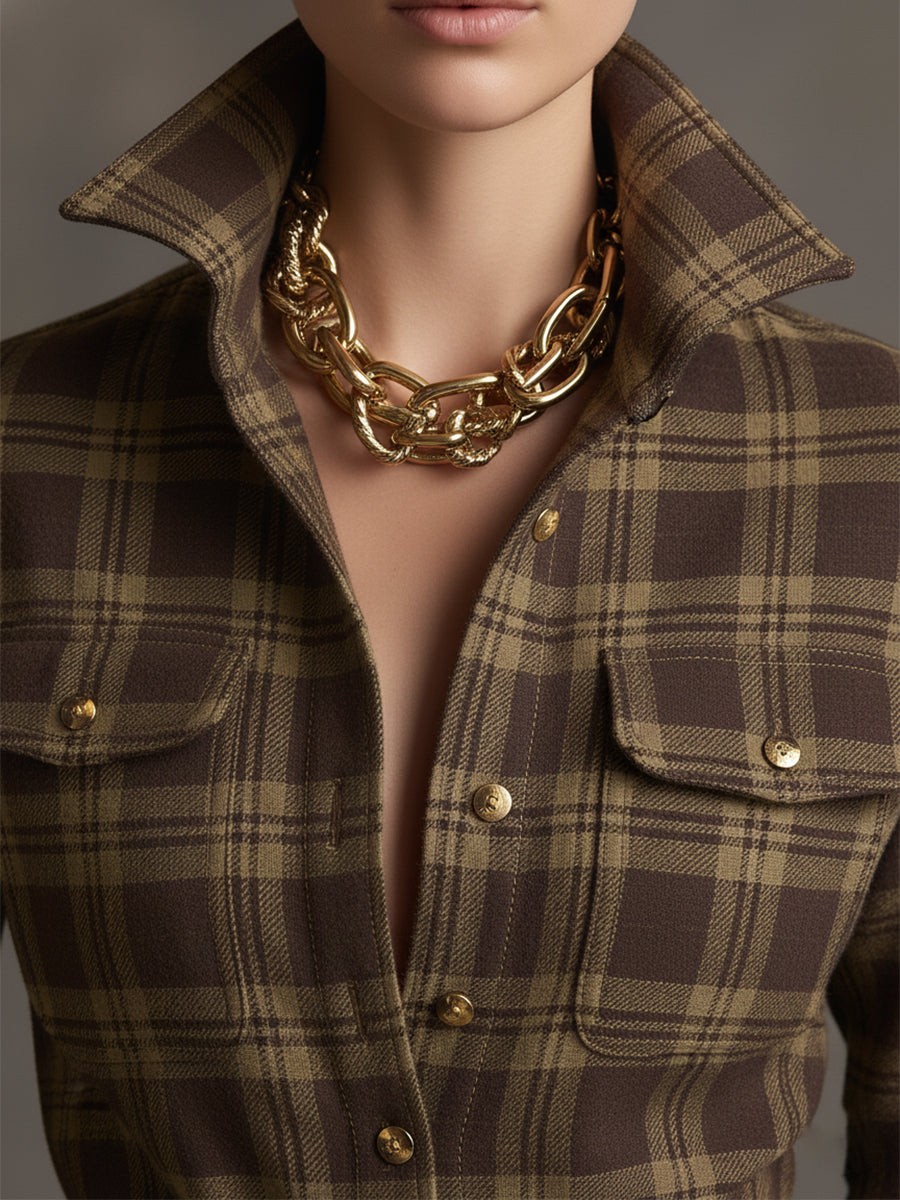 Retro Ethnic Style Lapel Reddish Brown Plaid Maxi Dress