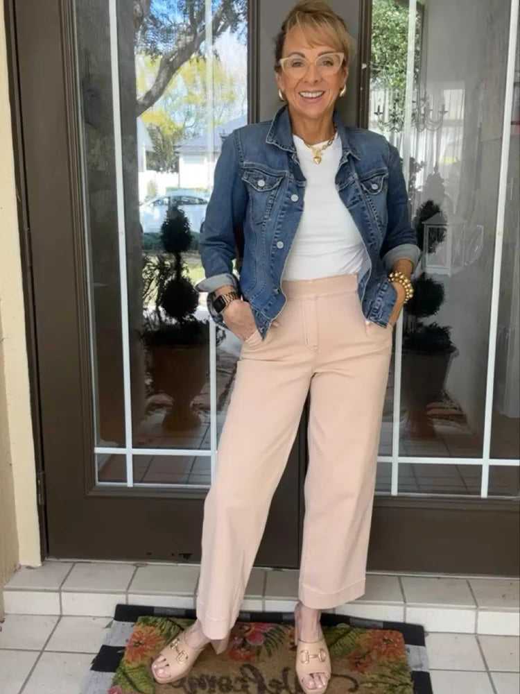 Women Stretch Twill Cropped Wide Leg Pants