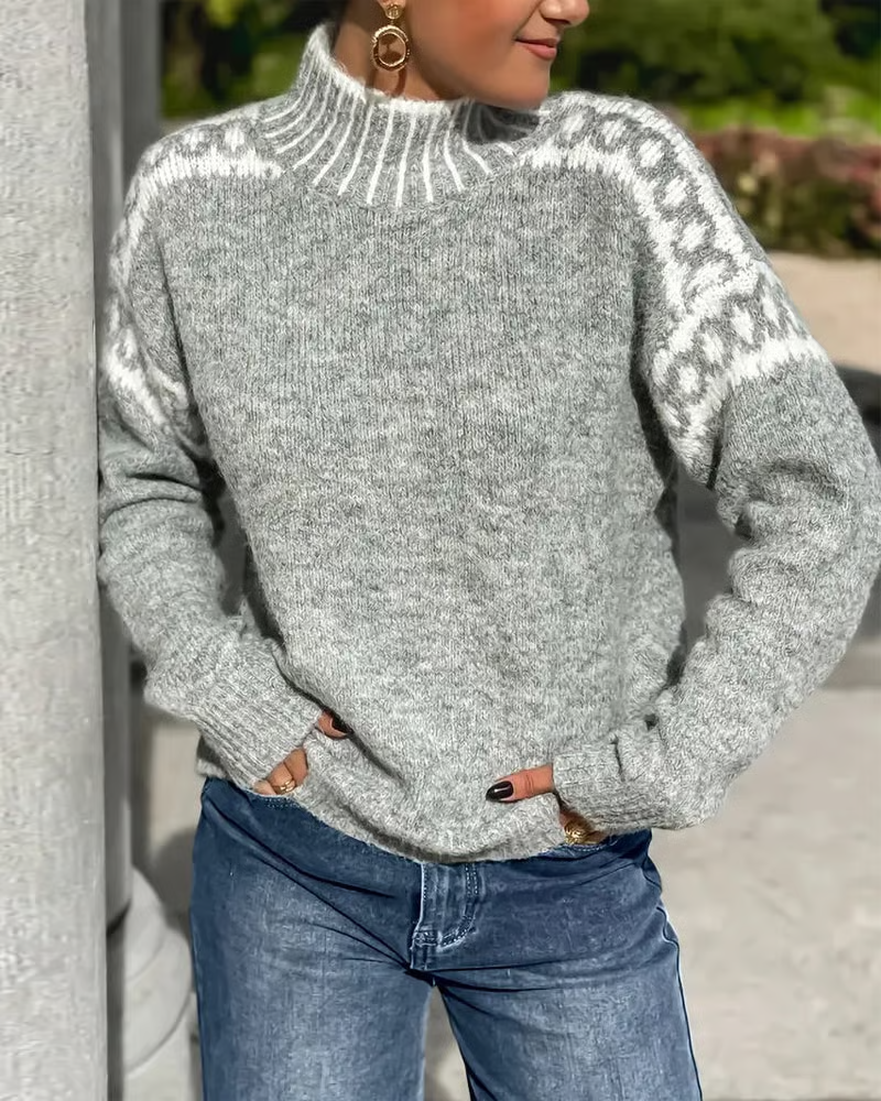 High Neck Contrast Patterned Sweater