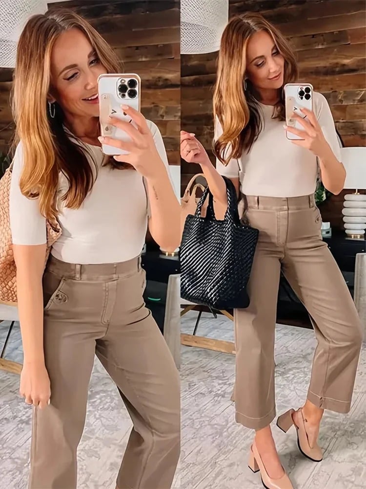 Women Stretch Twill Cropped Wide Leg Pants